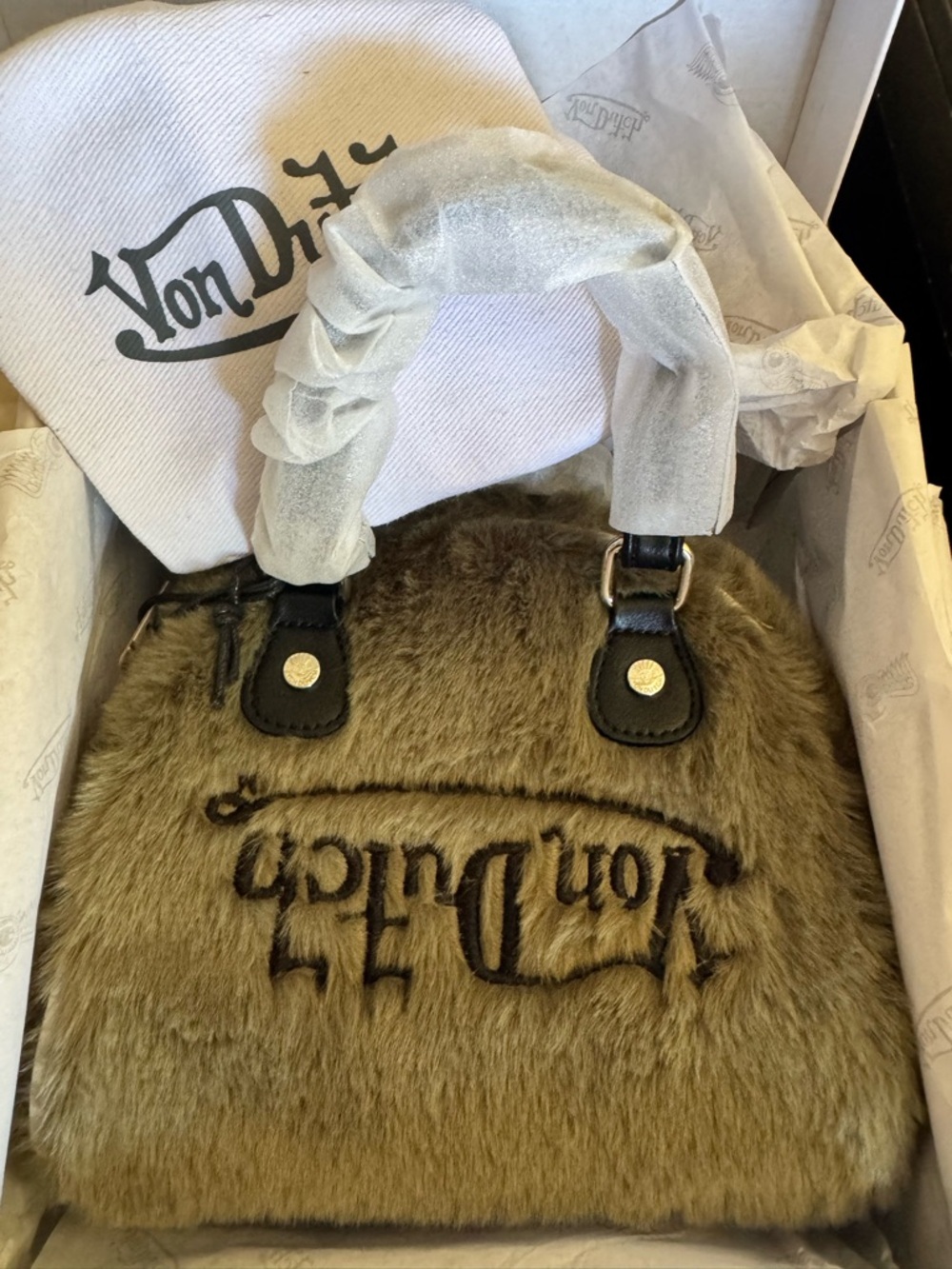 Von Dutch Sage Green Faux Fur Mini Bowling Bag